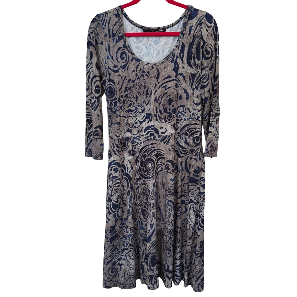Peruvian Connection Blue Beige Swirl Midi Dress M Scoop‎ Neck 3/4 Sleeve Artsy